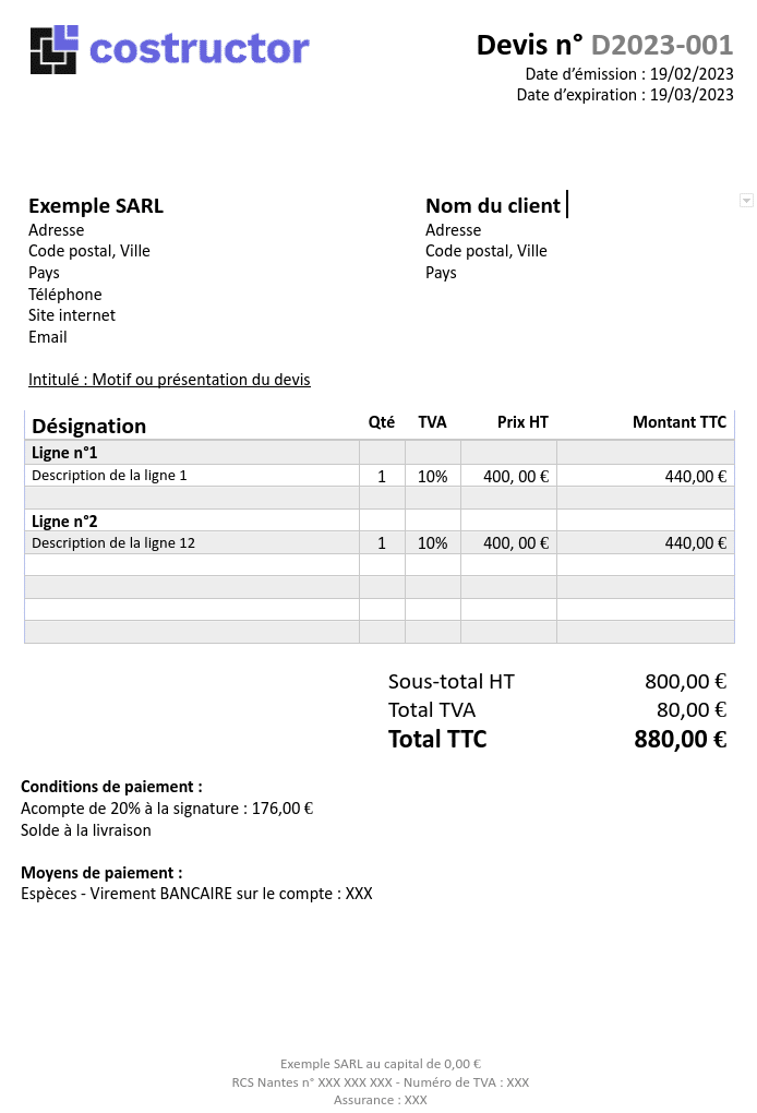 Modèle de devis Word vierge à remplir