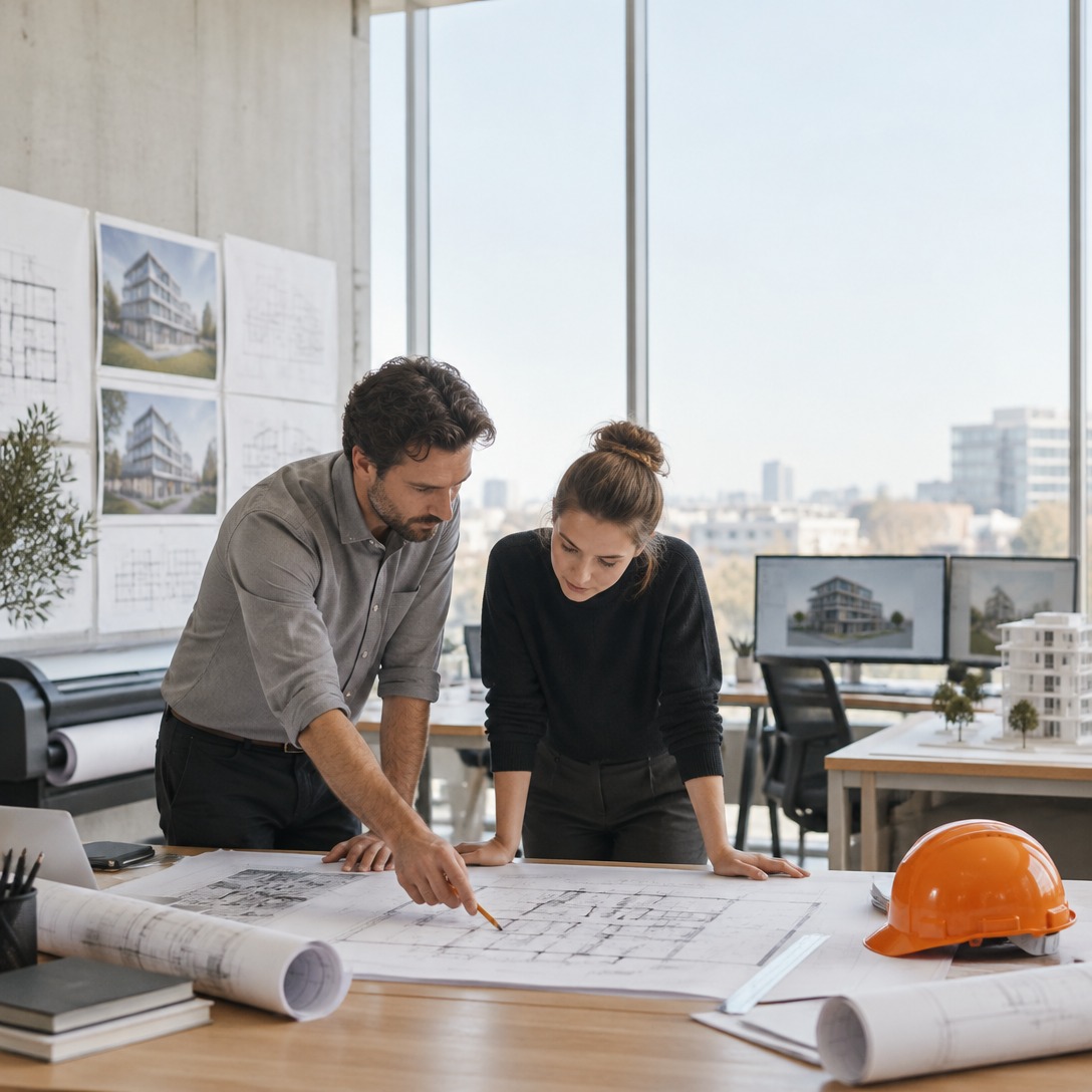 Deux collaborateurs examinant ensemble des plans sur une table de travail, casque de chantier orange à côté