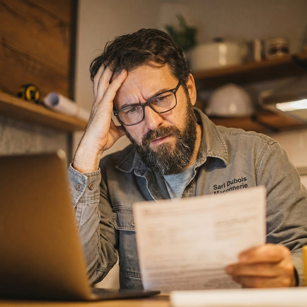 Artisan épuisé devant sa paperasse le soir