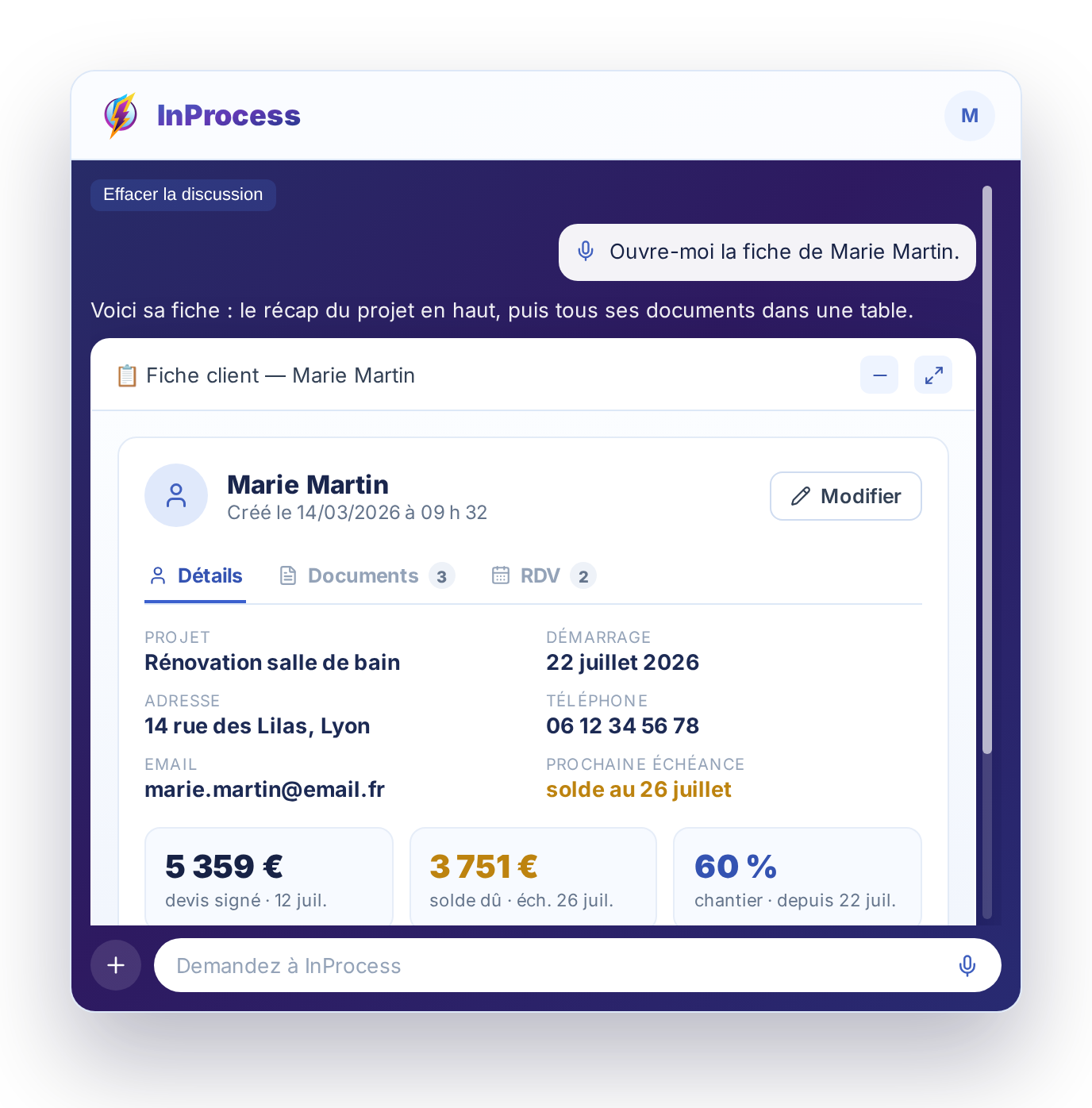 Écran InProcess : ouverture de la fiche client demandée à l'agent
