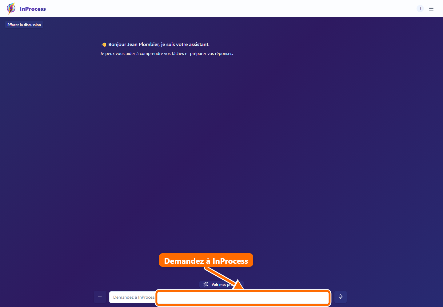 Écran du chat InProcess à la première connexion