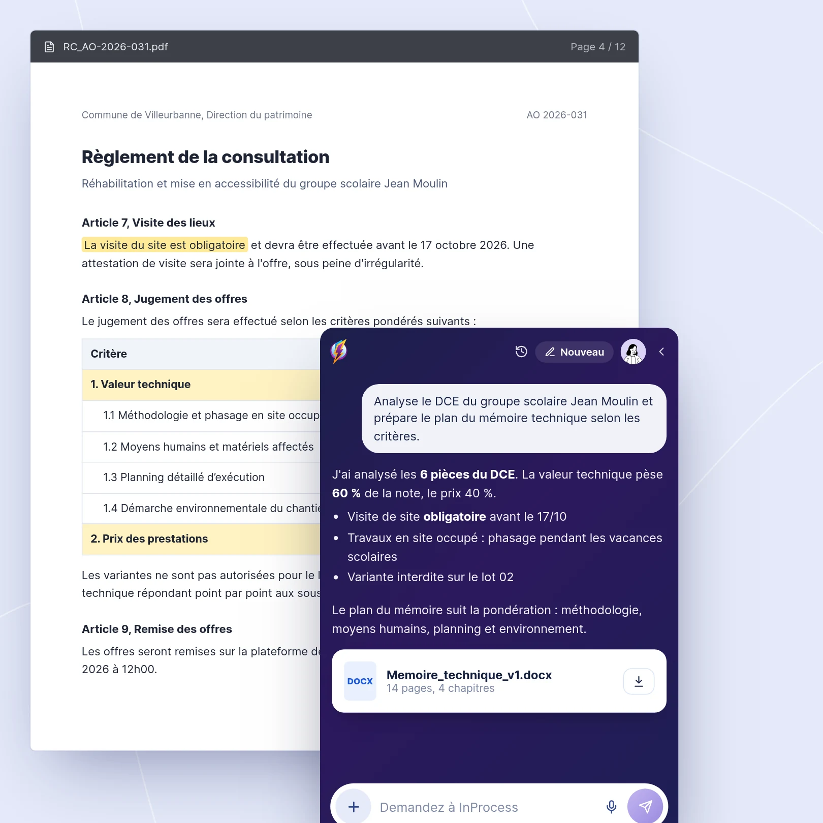Analyse d’un DCE et plan du mémoire technique dans l’assistant InProcess