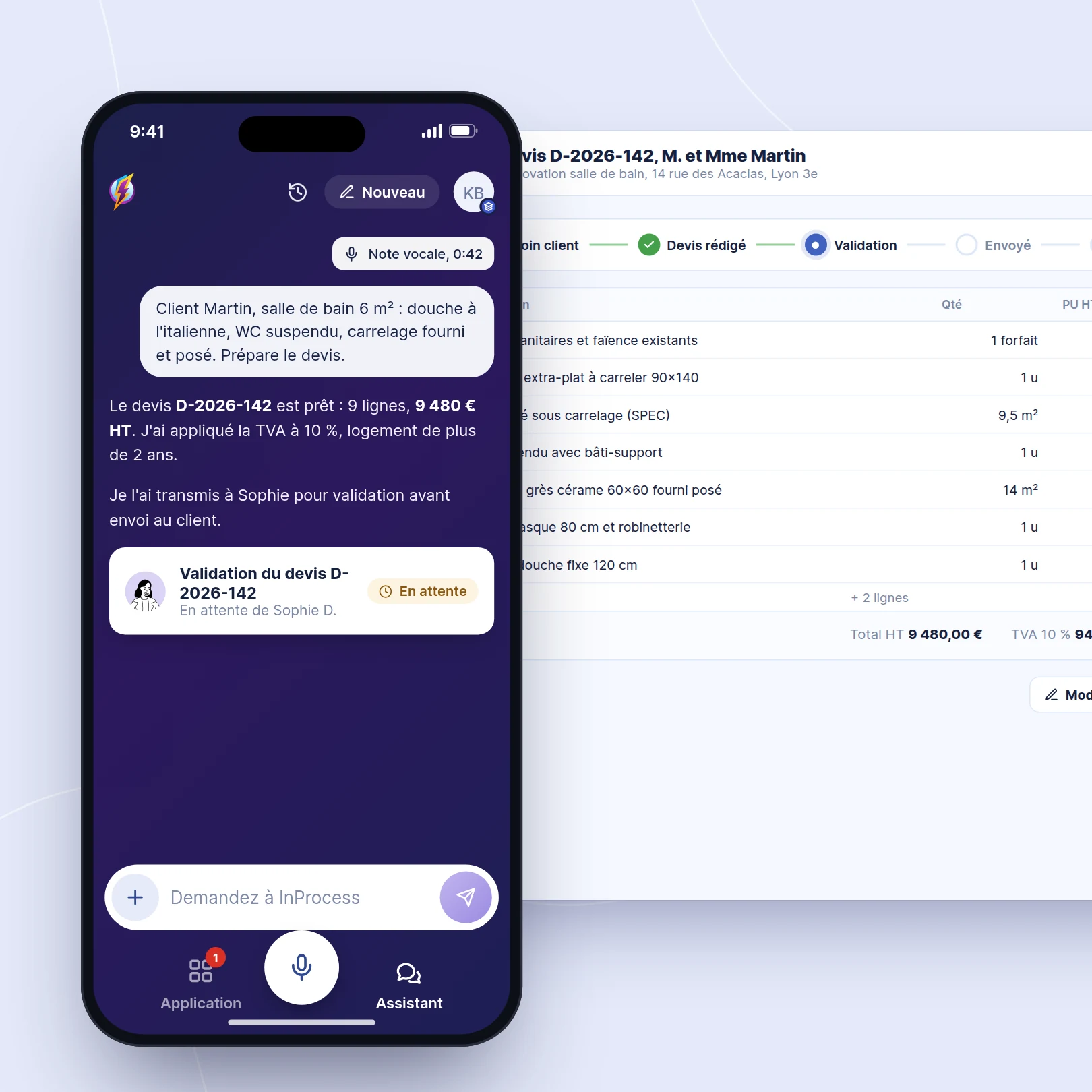 Devis préparé par l’assistant InProcess sur mobile, en attente de validation