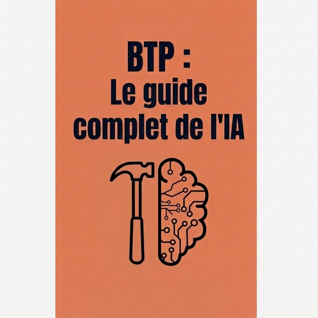 Couverture orange : BTP, le guide complet de l’IA, avec un marteau associé à un cerveau numérique