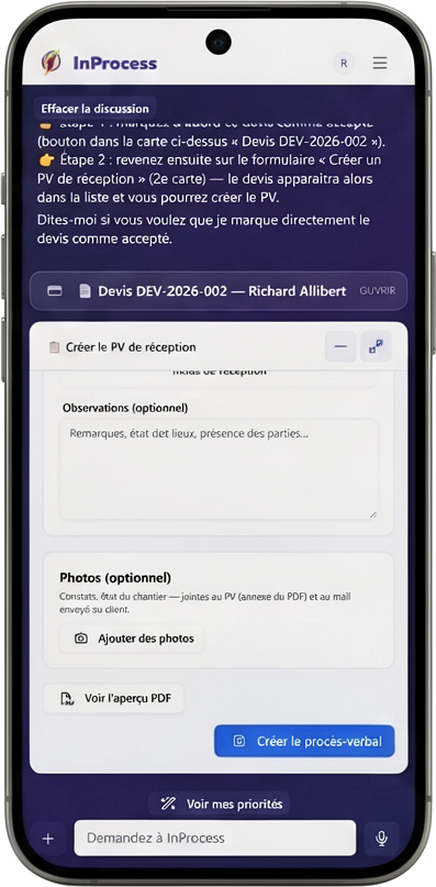 Assistant InProcess sur mobile : création d’un PV de réception depuis la discussion