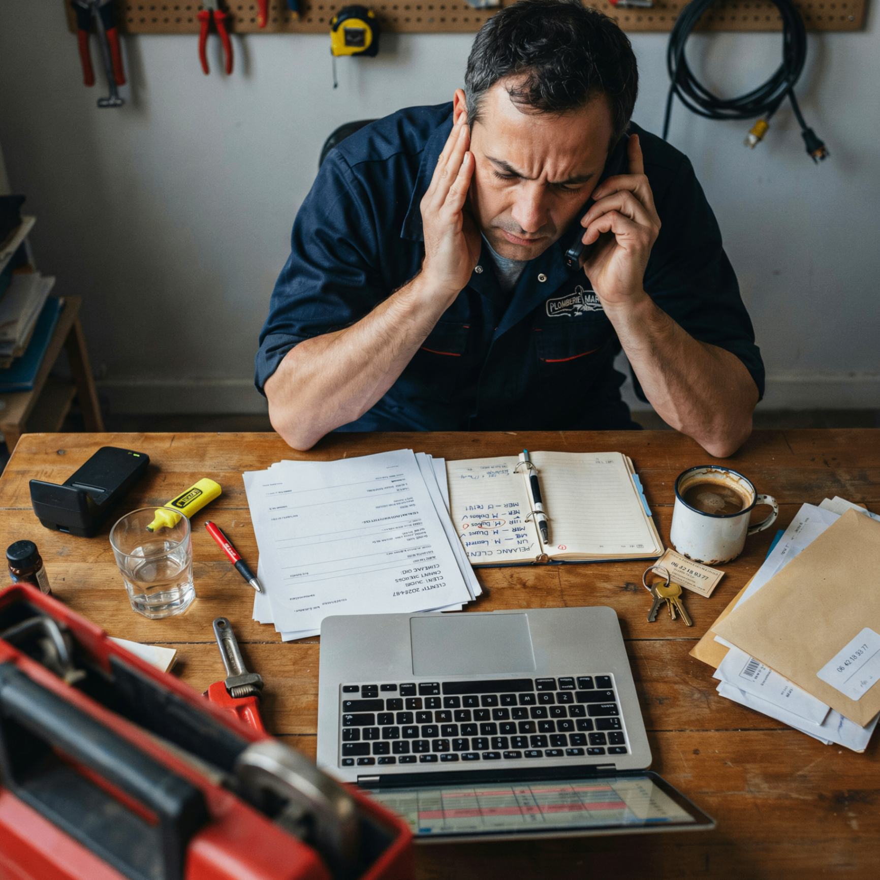 Artisan débordé au téléphone avec relances en retard