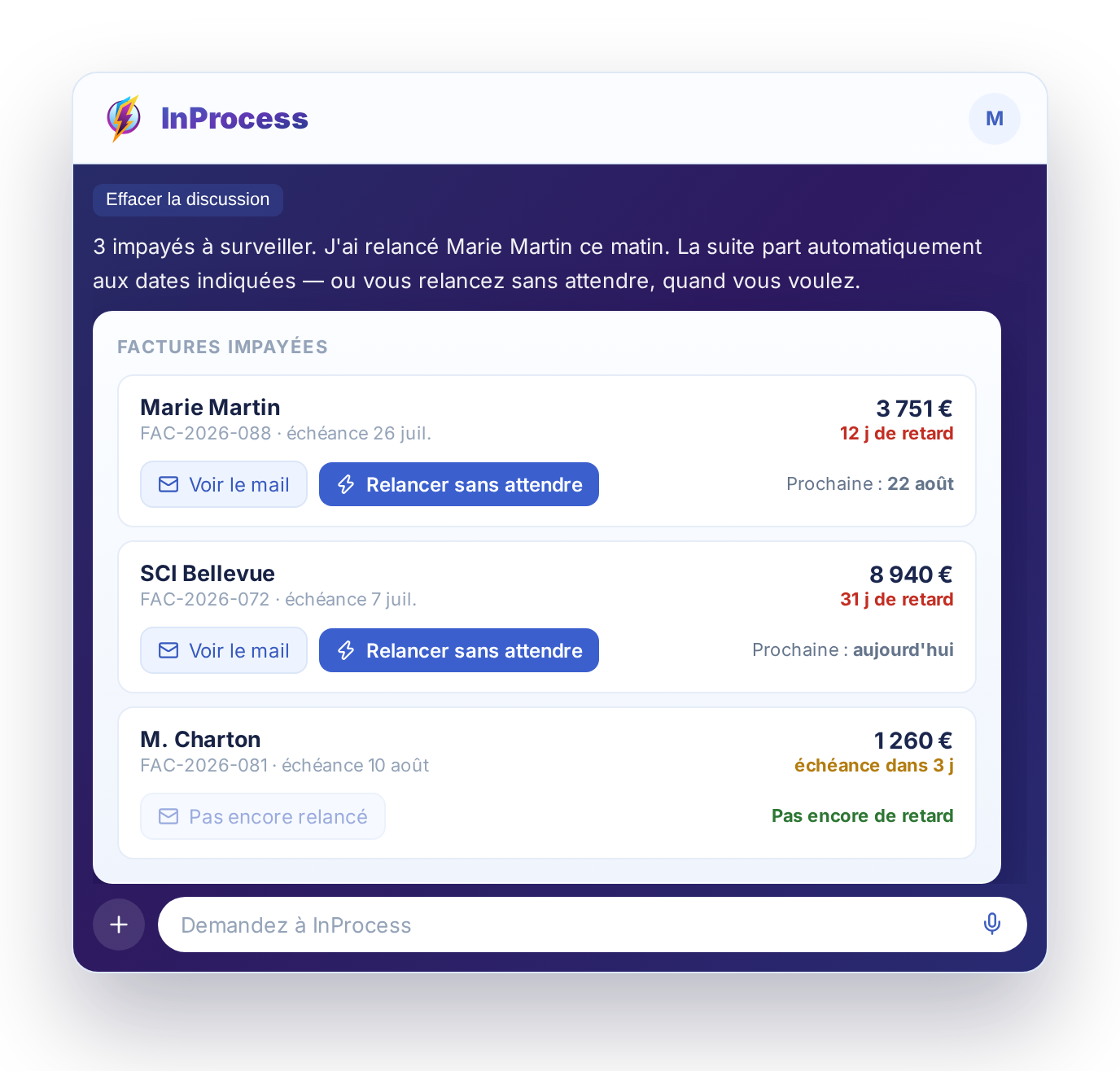 Écran InProcess : liste des factures impayées et relances