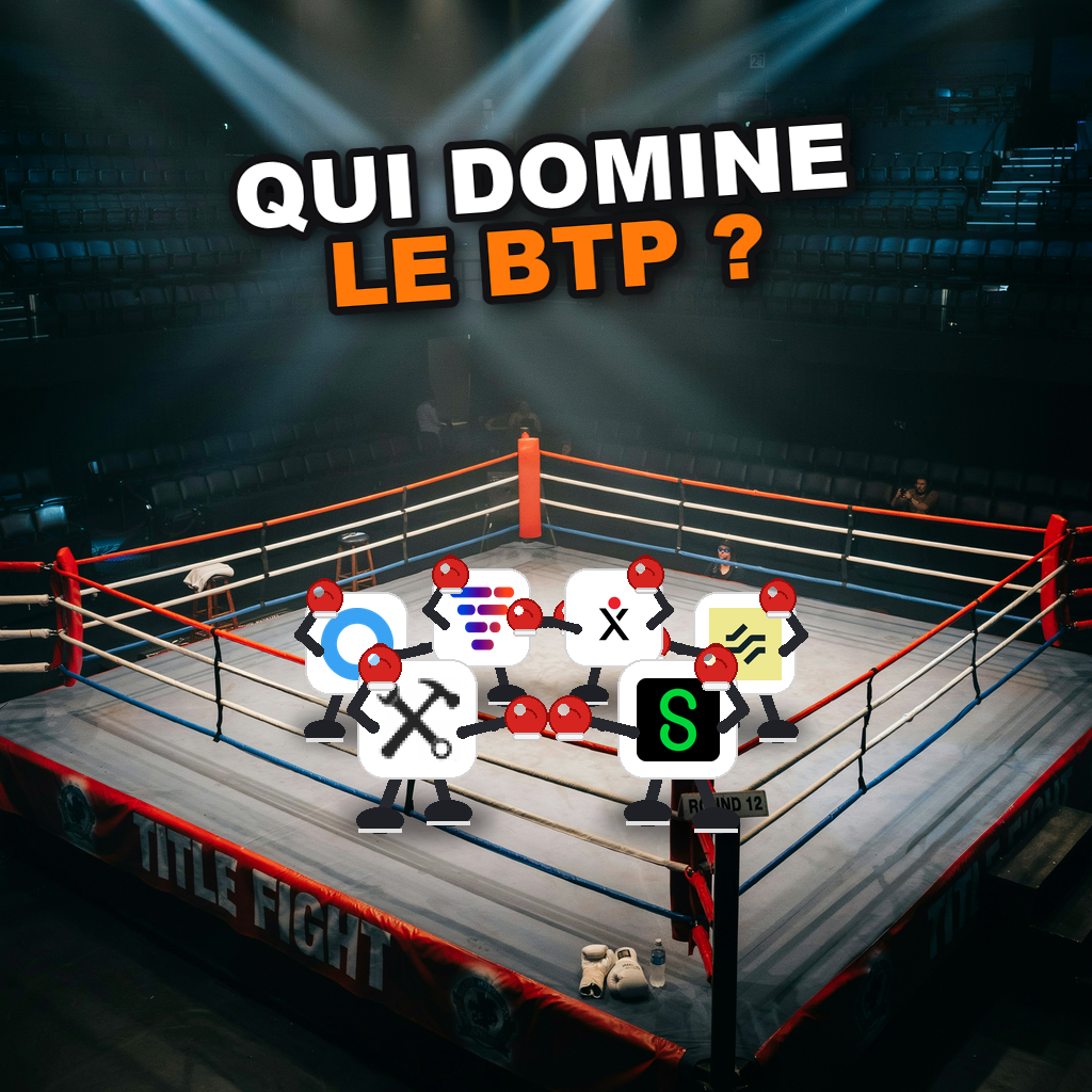 Ring de boxe avec les logos des logiciels BTP en compétition en 2026
