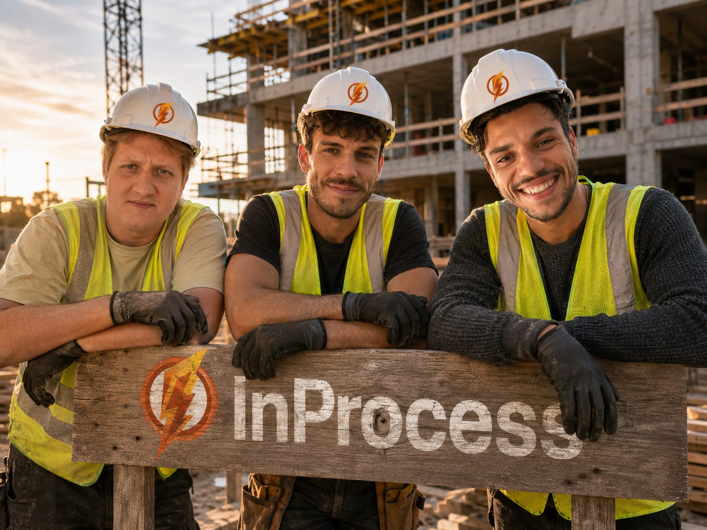 Trois professionnels du bâtiment en tenue de chantier avec casques InProcess, appuyés sur une pancarte InProcess