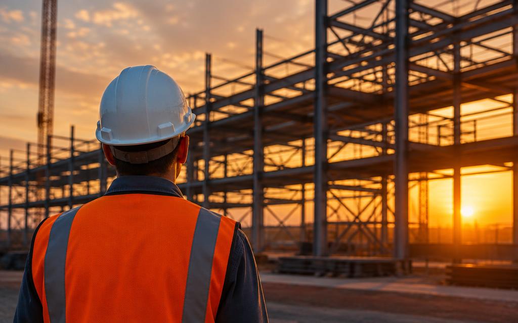 Ouvrier face à une structure métallique au coucher du soleil