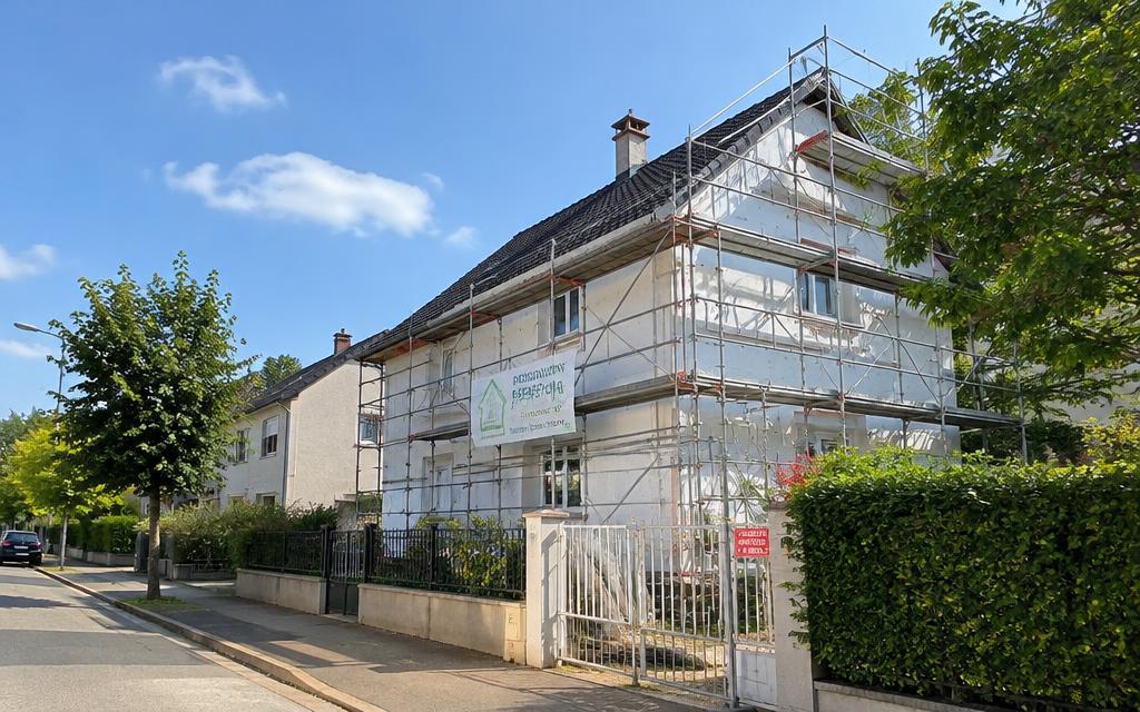 Maison en rénovation avec échafaudage dans une rue résidentielle